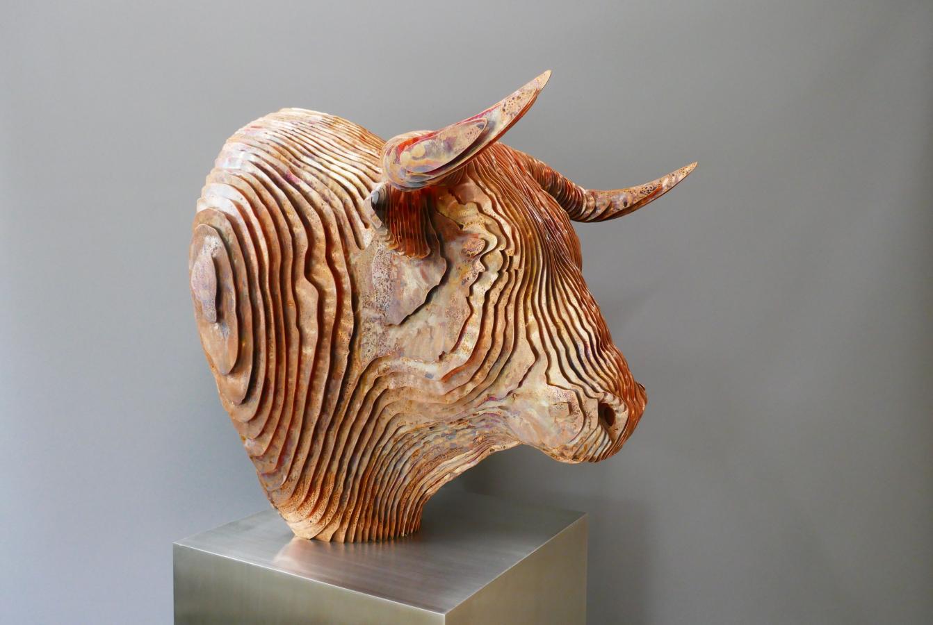 Tom Hiscocks'  'EL Toro II' 162cm x 60cm x 60cm (inc 1m base). copper on stainless steel