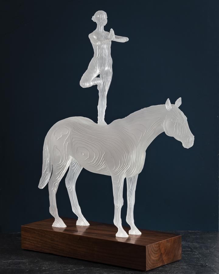 Tom Hiscocks' 'Yoga Tree Horse' 50cm x 45cm x 12cm. Acrylic on American Walnut base. Edition of 12.4.