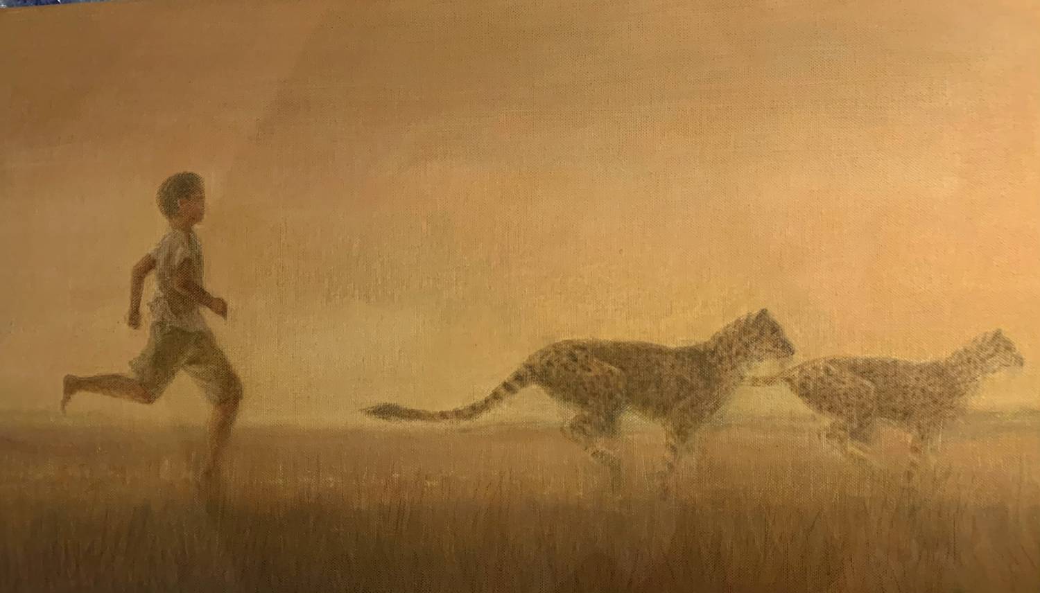 Boy and his Two Cheetahs, Acrylic on Canvas