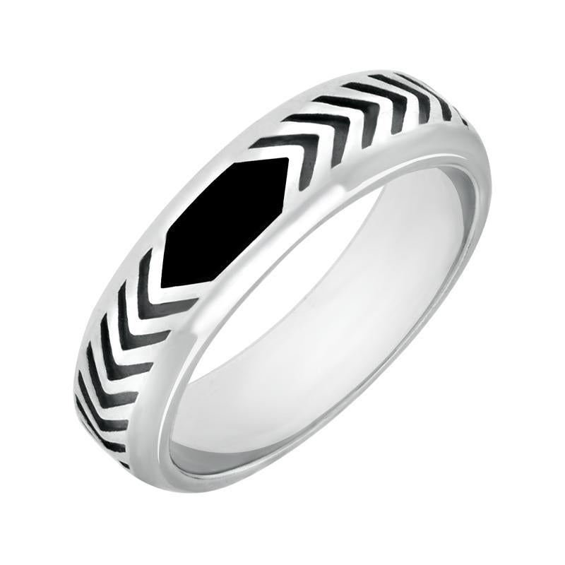 Sterling Silver Whitby Jet Chevron Patterned 6mm Band Ring