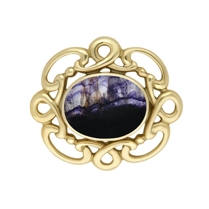 9ct Yellow Gold Blue John Twisted Rope Edge Brooch - Yellow Gold