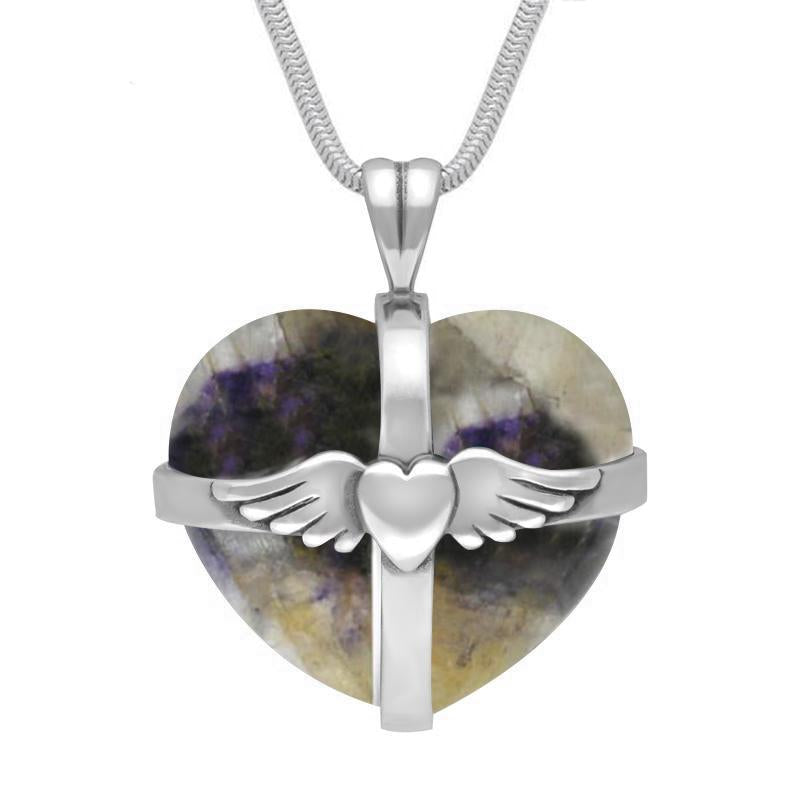 Sterling Silver Blue John Large Winged Cross Heart Necklace - Silver