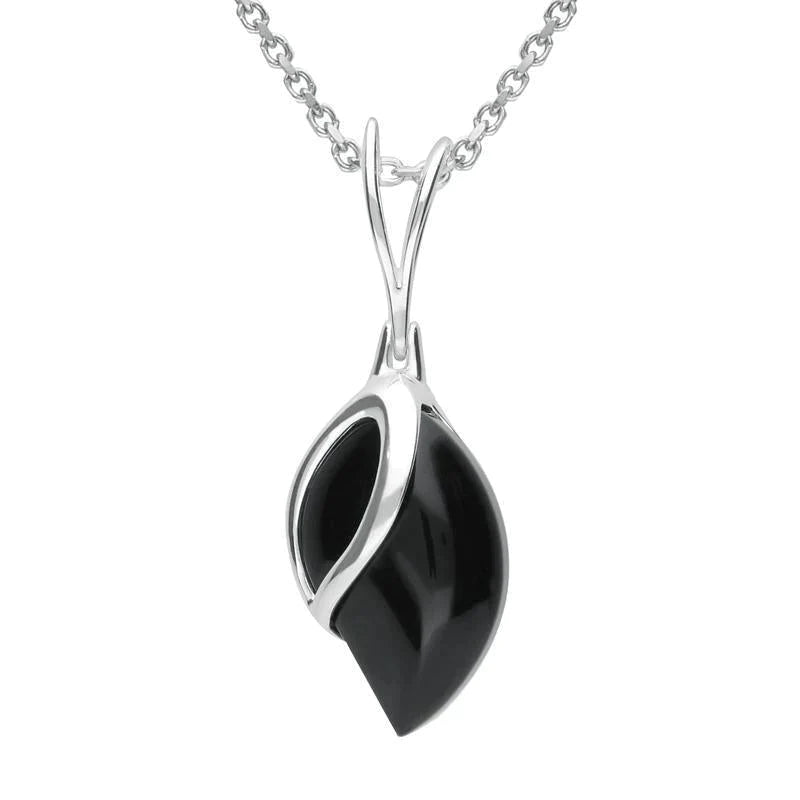 Sterling Silver Whitby Jet Leaf Shape Open Top Necklace - Silver