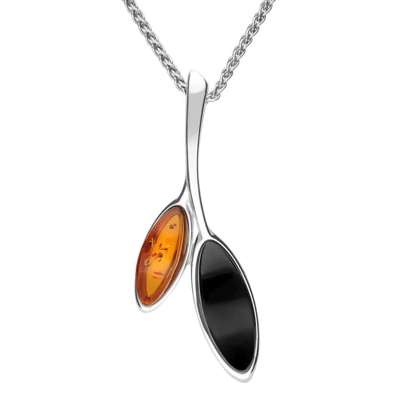 Sterling Silver Whitby Jet Amber Two Leaf Drop Necklace - Silver