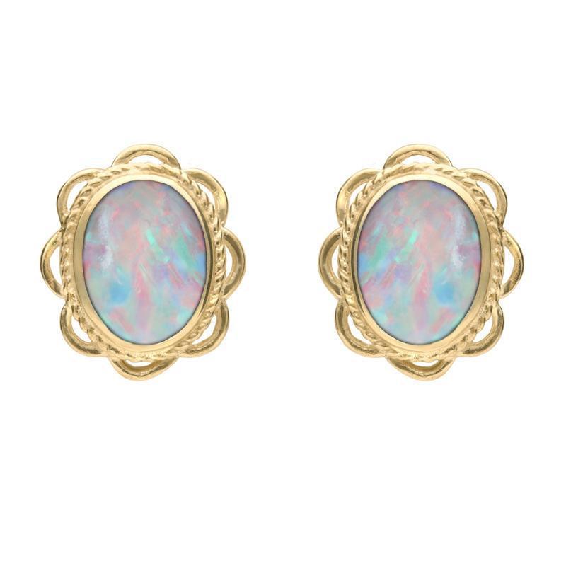 9ct Yellow Gold Opal Rope Frill Edge Oval Stud Earrings
