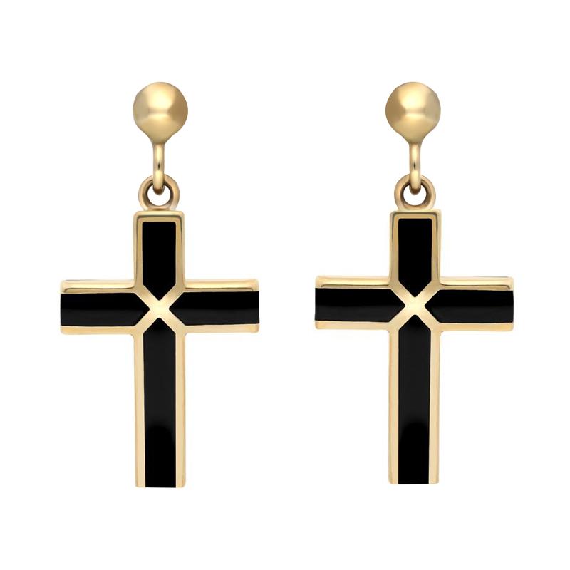 9ct Yellow Gold Whitby Jet Four Stone Cross Drop Earrings - Gold