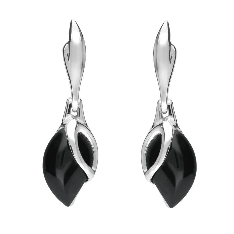 Sterling Silver Whitby Jet Leaf Shaped Open Top Drop Earrings - Silver