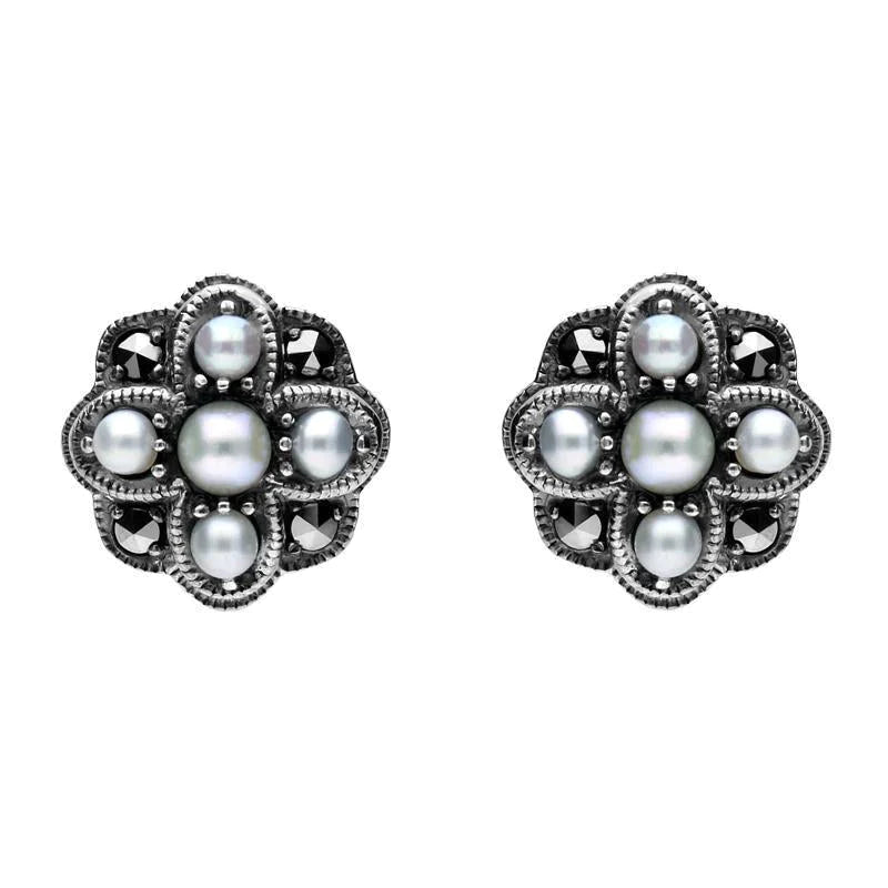 Sterling Silver Pearl and Marcasite Four Petal Flower Stud Earrings