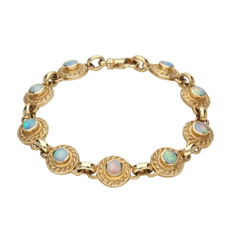 9ct Yellow Gold Opal Nine Stone Round Rope Edge Bracelet