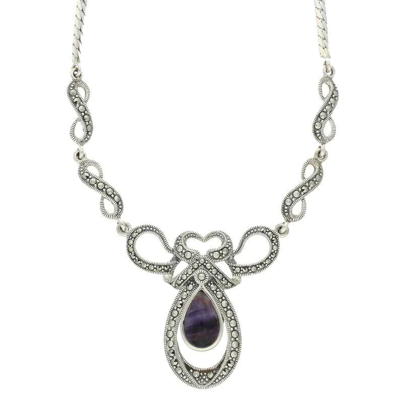 Sterling Silver Blue John Marcasite Drop Bow Twist Necklace - Silver