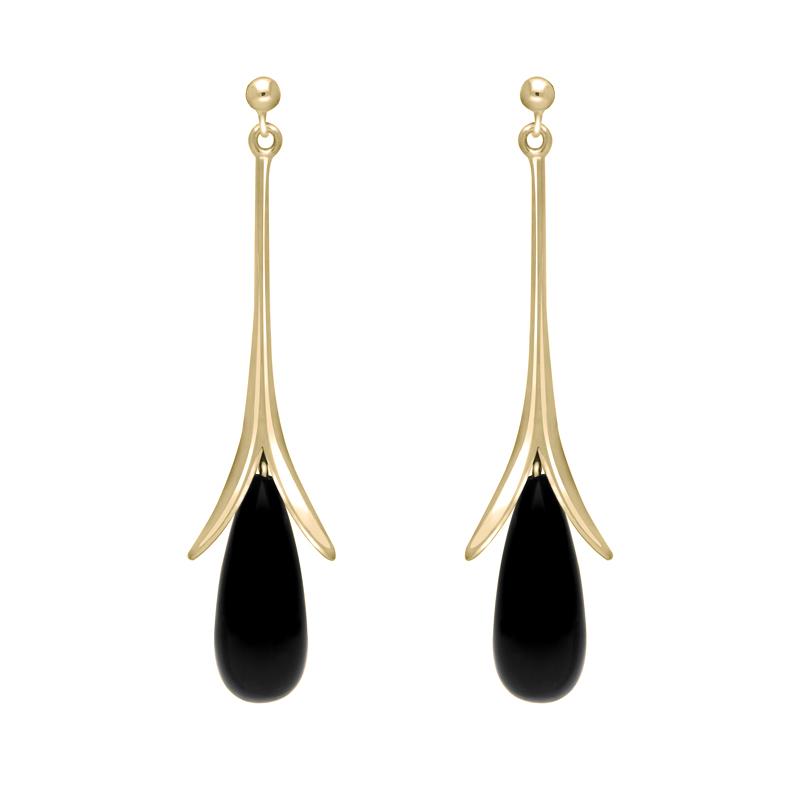 9ct yellow Gold Whitby Jet Split Flute Dropper Earrings - Gold