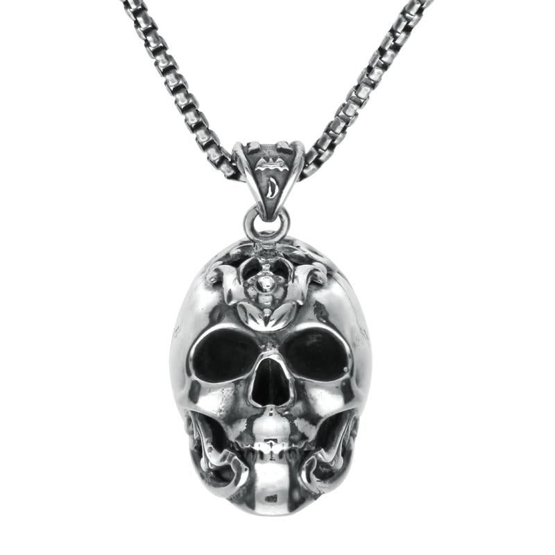 Sterling Silver Large Skull With Fancy Armour Necklace
