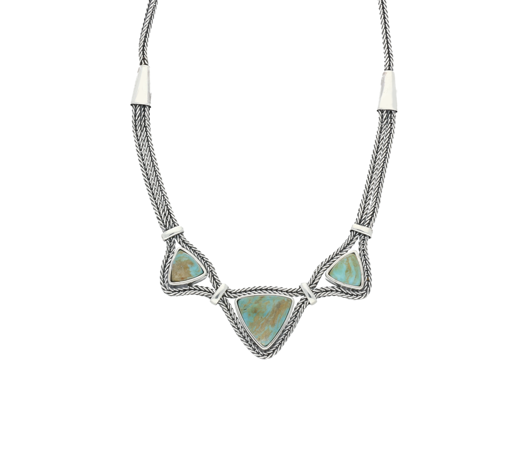 Sterling Silver Turquoise Three Stone Triangular Foxtail Necklace D - Option1 Value Silver