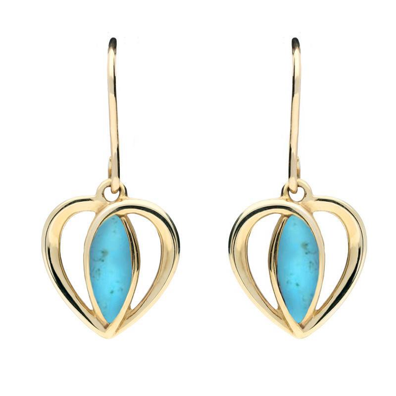 9ct Yellow Gold Turquoise Heart Drop Earrings - Yellow Gold