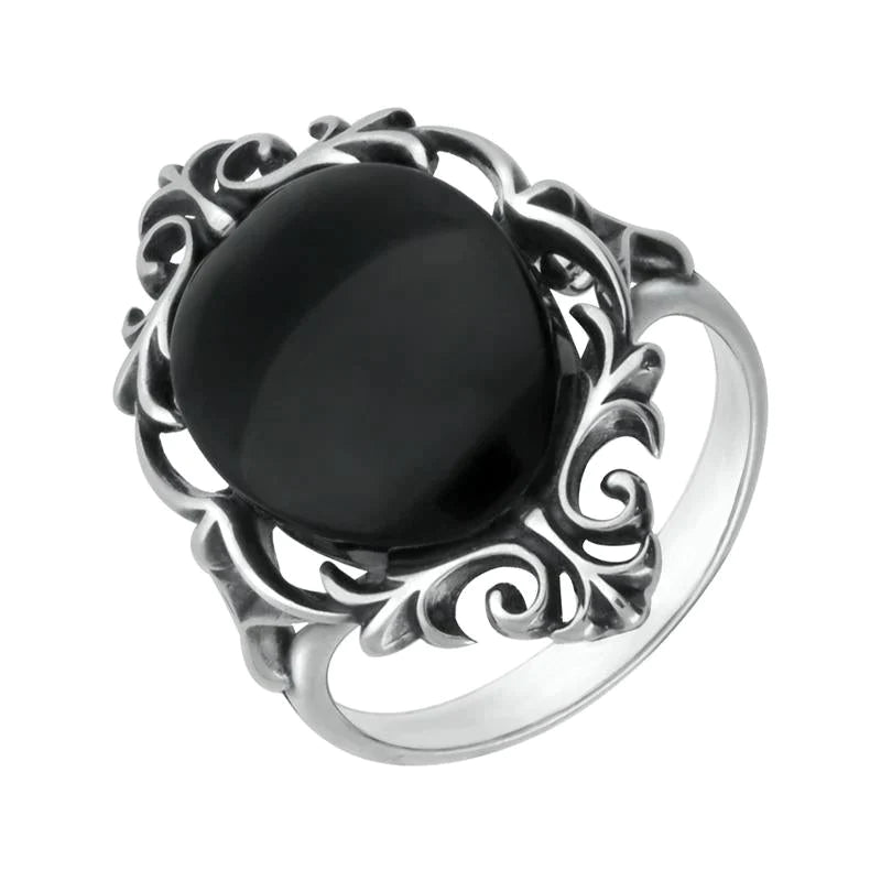 Sterling Silver Whitby Jet Oval Open Carved Ring
