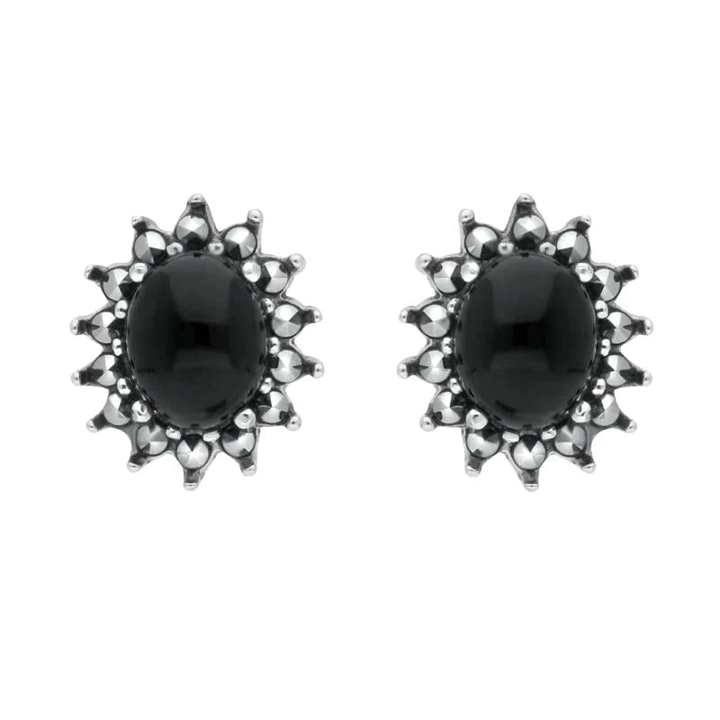Sterling Silver Whitby Jet Marcasite Oval Beaded Edge Stud Earrings