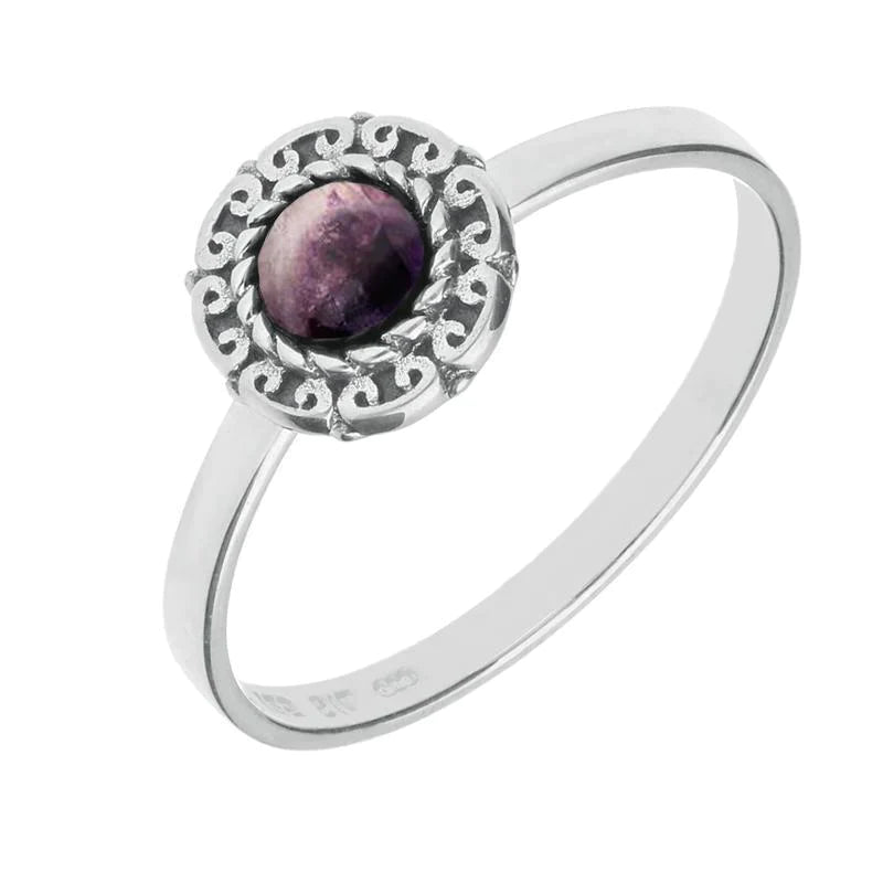 Sterling Silver Blue John Round Rope Curved Edge Ring - Silver