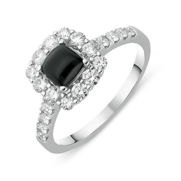 18ct White Gold Whitby Jet 0.77ct Diamond Cushion Shaped Ring
