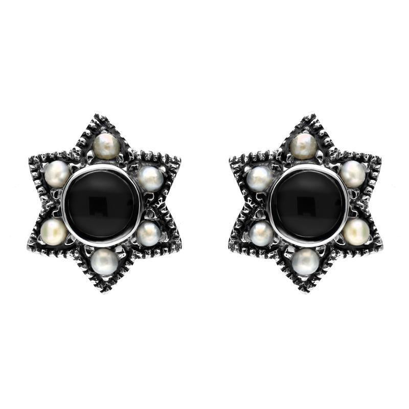Sterling Silver Whitby Jet and Pearl Six Point Star Stud Earrings D - Silver