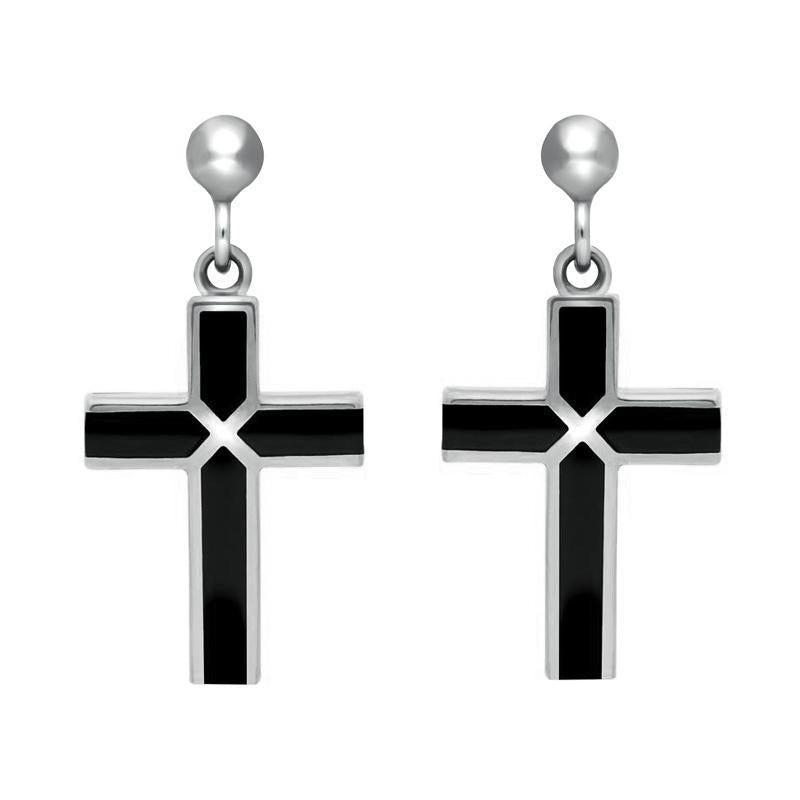 Sterling Silver Whitby Jet Four Stone Cross Drop Earrings - Silver