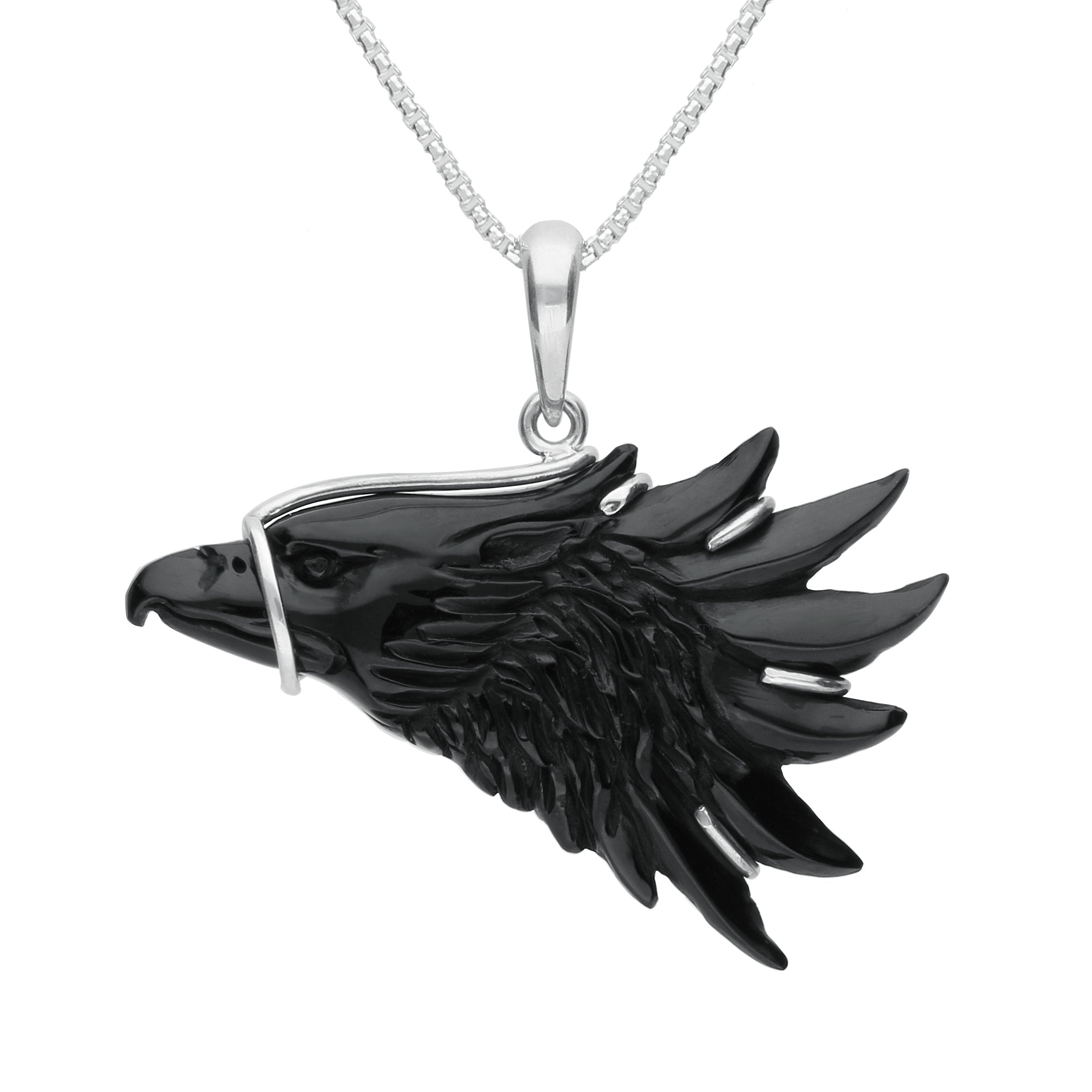 Sterling Silver Whitby Jet Carved Eagle Head Necklace
