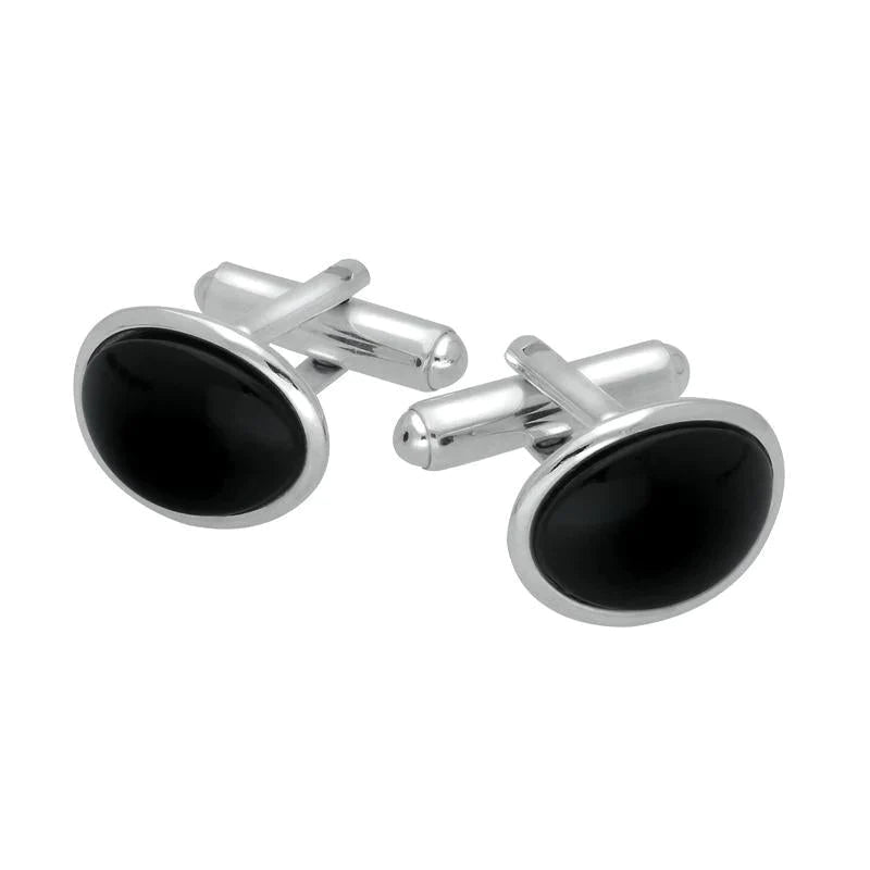 Sterling Silver Whitby Jet Curved Oval Cufflinks