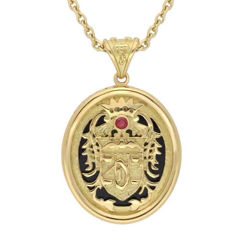 18ct Yellow Gold Whitby Jet Blood Red Ruby Commemorative Dracula Necklace