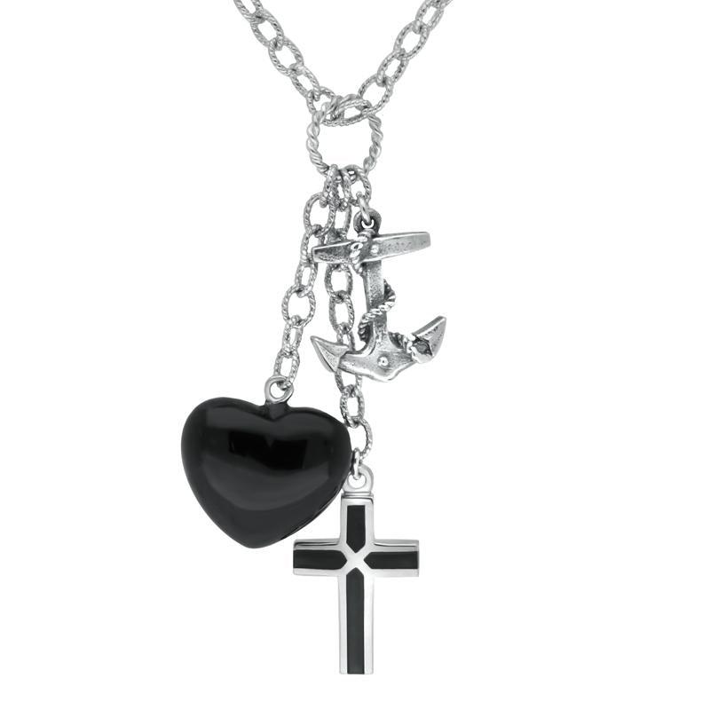 Sterling Silver Whitby Jet Faith Hope Love Charm Necklace