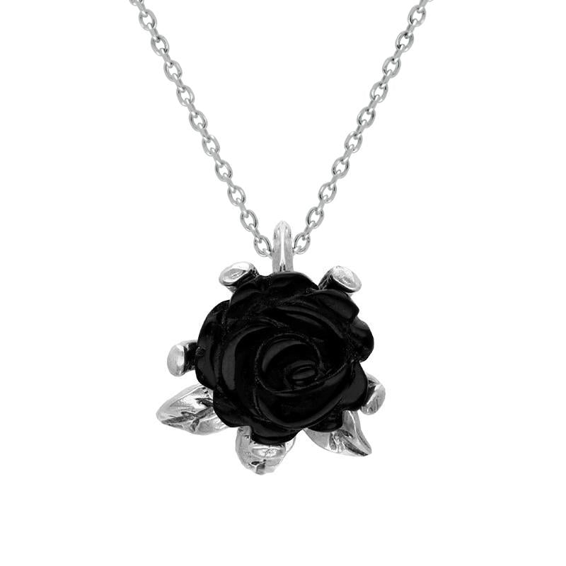 Sterling Silver Whitby Jet Tuberose Rose Leaf Twist Necklace