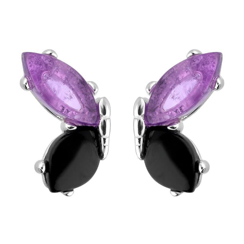Sterling Silver Whitby Jet Amethyst Two Stone Butterfly Stud Earrings