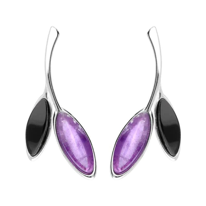 Sterling Silver Whitby Jet Amethyst Two Leaf Drop Stud Earrings - Silver