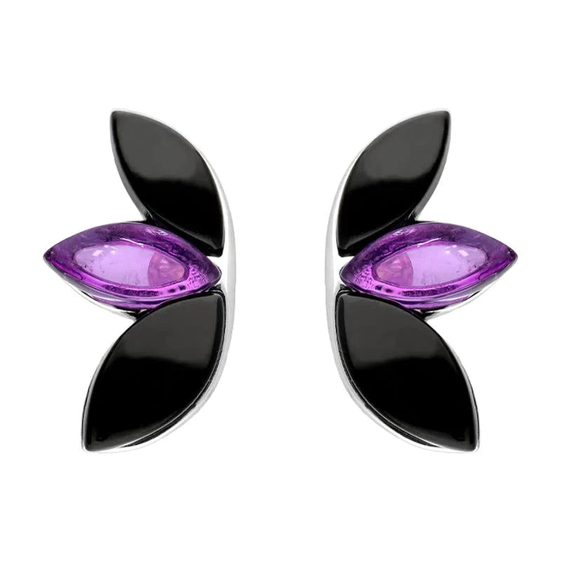 Sterling Silver Whitby Jet Amethyst Three Leaf Stud Earrings