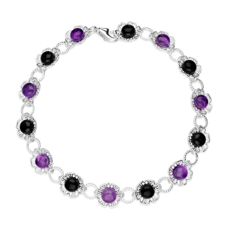 Sterling Silver Whitby Jet Amethyst Flower Bracelet