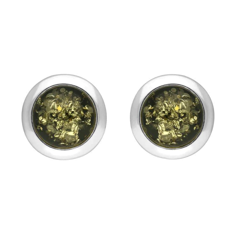 Sterling Silver Green Amber Ribbed Edge Stud Earrings