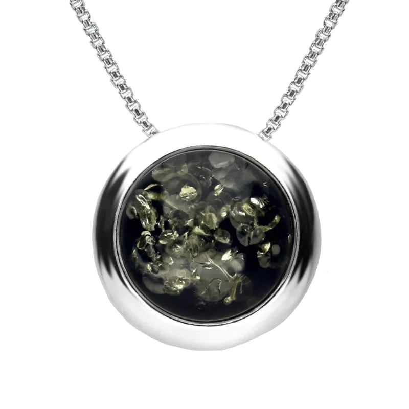 Sterling Silver Green Amber Round Ribbed Edge Necklace