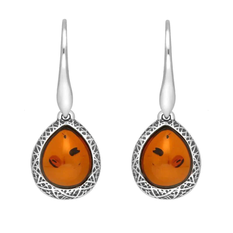 Sterling Silver Cognac Amber Basket Weave Edge Pear Hook Earrings