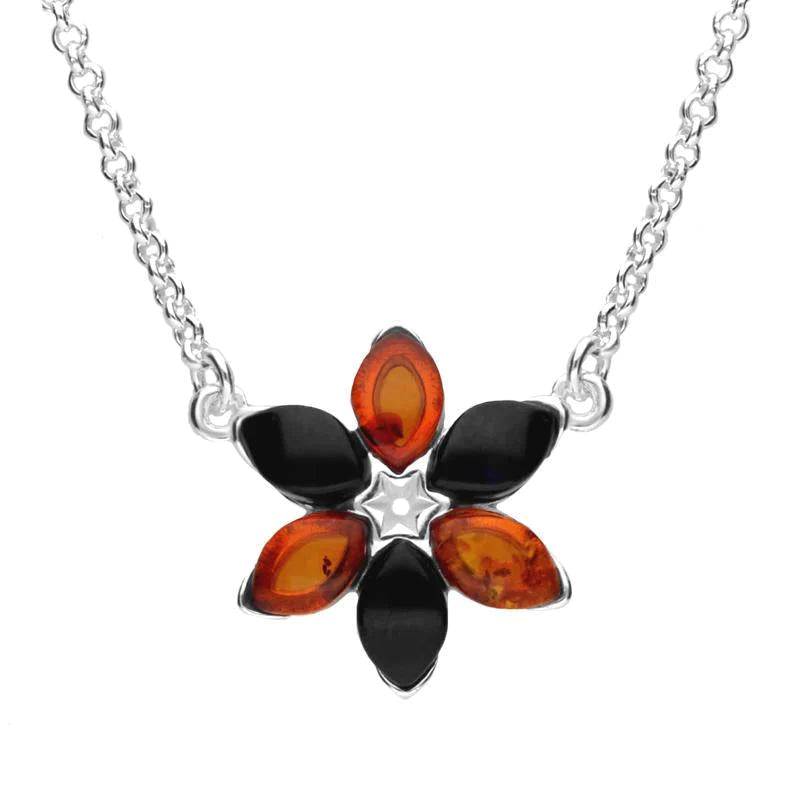 Sterling Silver Whitby Jet Amber Flower Necklace - Silver