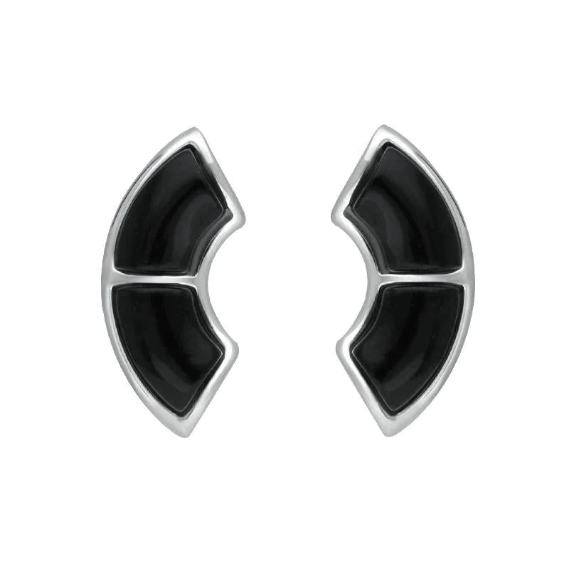Sterling Silver Whitby Jet Two Stone Oblong Stud Earrings - Silver