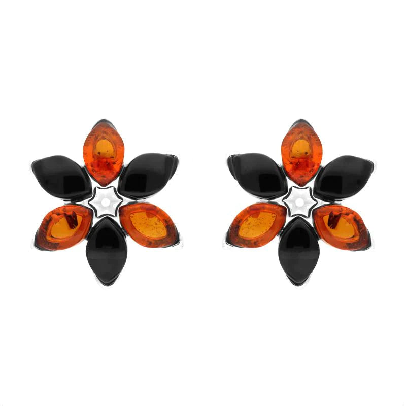 Sterling Silver Whitby Jet Amber Flower Stud Earrings