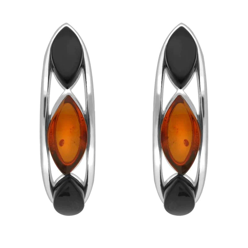 Sterling Silver Whitby Jet Amber Marquise Curved Hoop Earrings