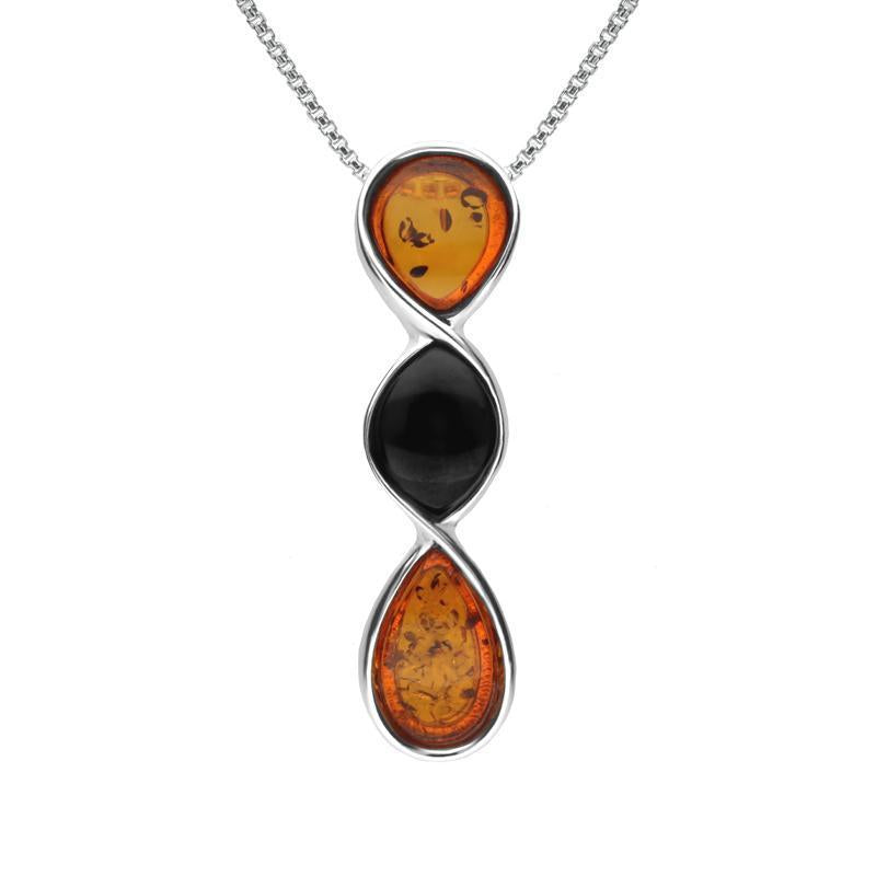 Sterling Silver Whitby Jet Amber Three Stone Pear Twist Necklace