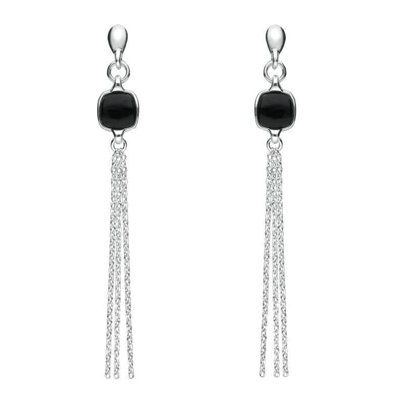 Sterling Silver Whitby Jet Square Chain Drop Earrings
