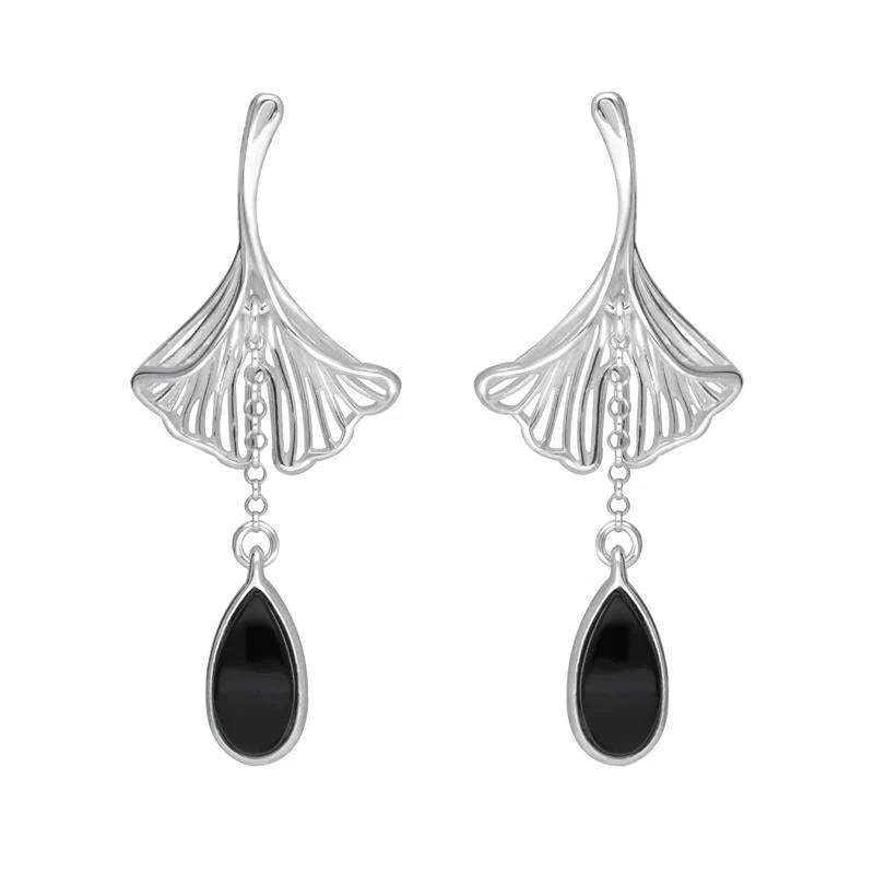 Sterling Silver Whitby Jet Teardrop Ginkgo Biloba Leaf Drop Earrings