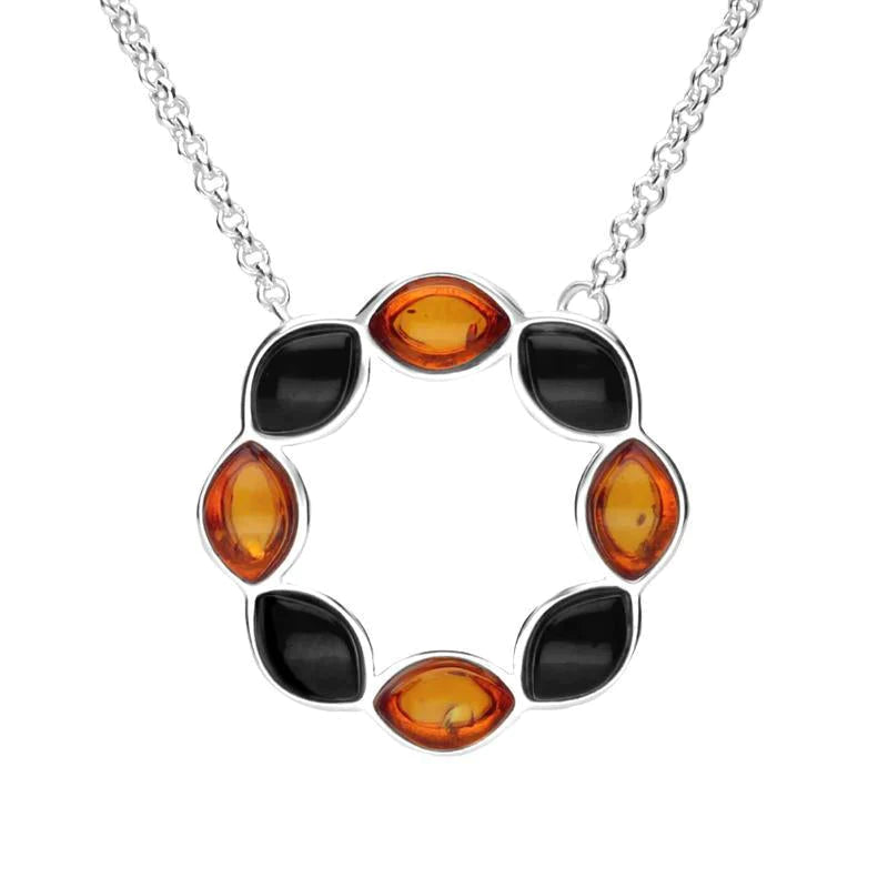 Sterling Silver Whitby Jet Amber Eight Stone Marquise Circle Necklace