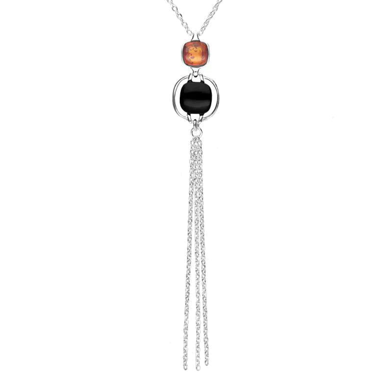Sterling Silver Whitby Jet Amber Two Stone Square Necklace