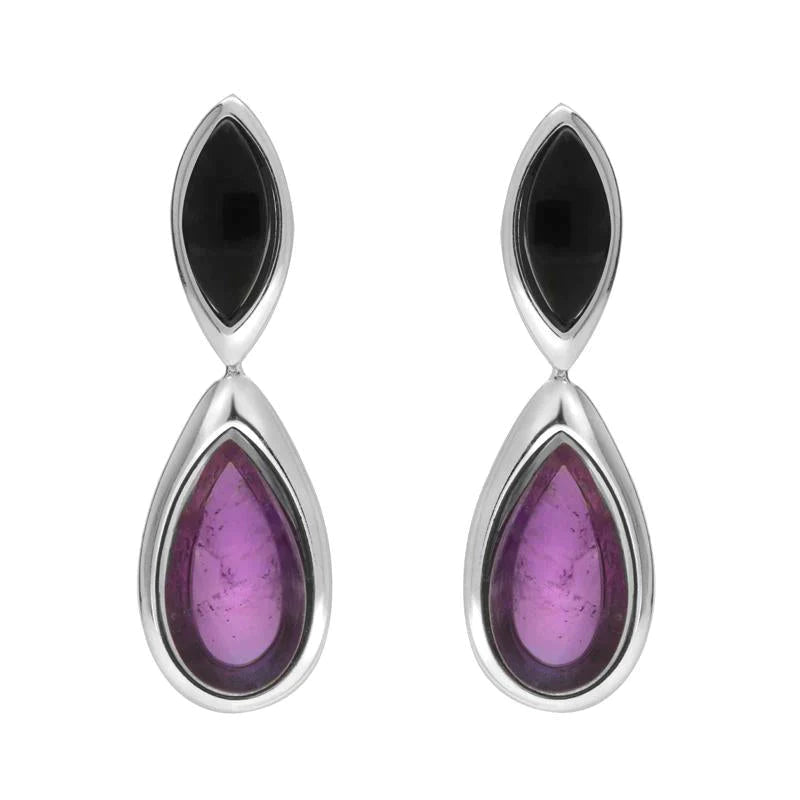 Sterling Silver Whitby Jet Amethyst Two Stone Marquise Pear Drop Earrings - Silver