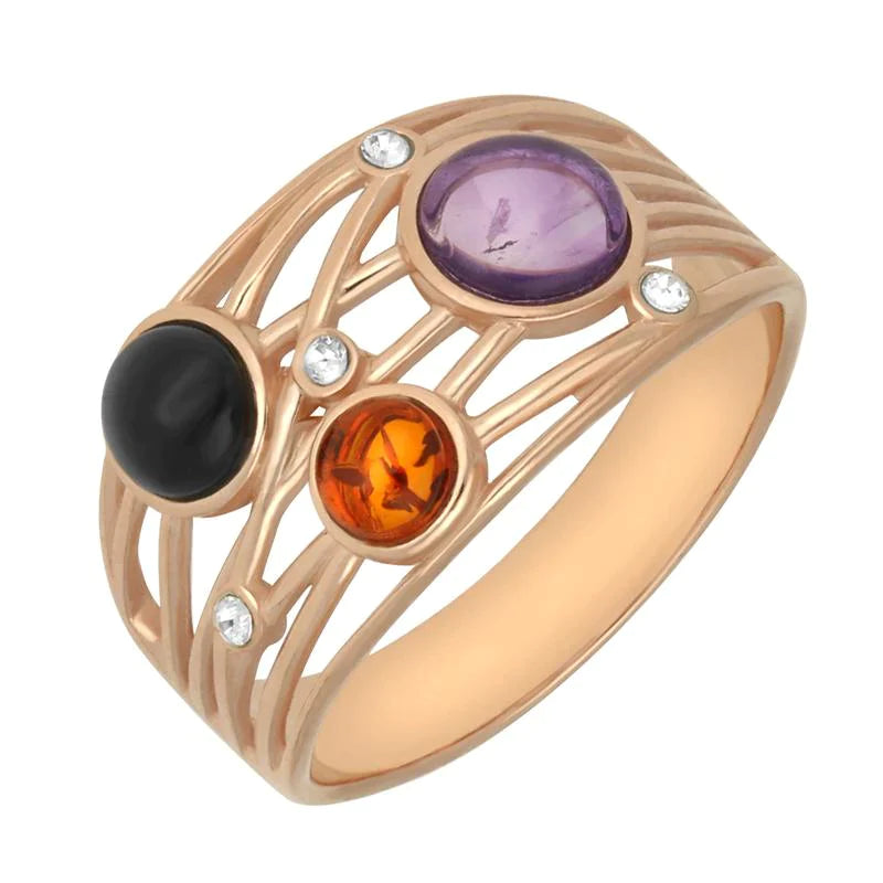 Rose Gold Plated Sterling Silver Whitby Jet Amethyst Amber Bubble Ring - Q