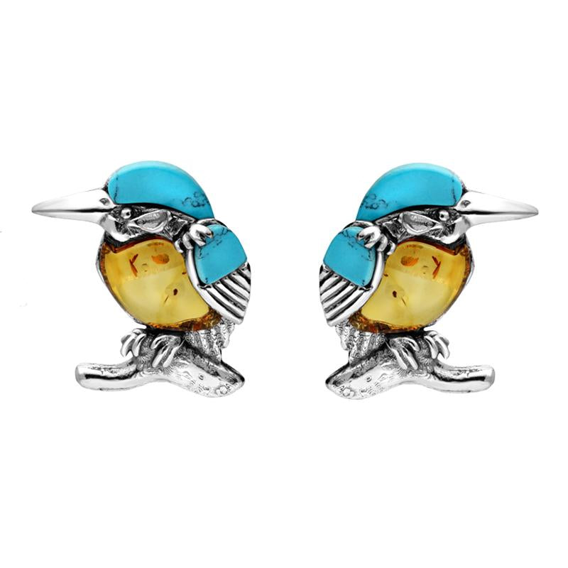 Sterling Silver Amber Turquoise Kingfisher Stud Earrings