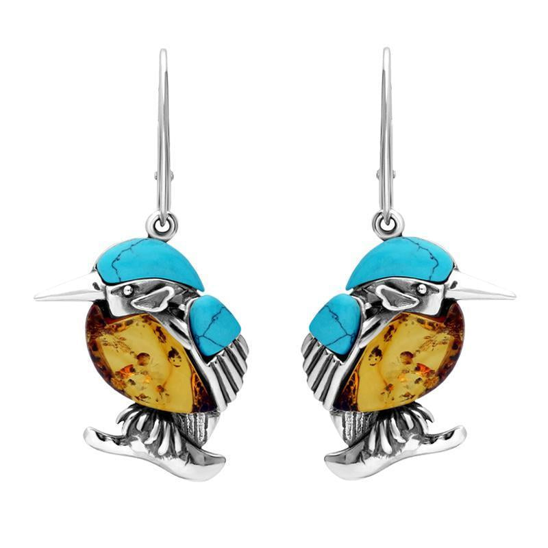 Sterling Silver Amber Turquoise Kingfisher Hook Drop Earrings