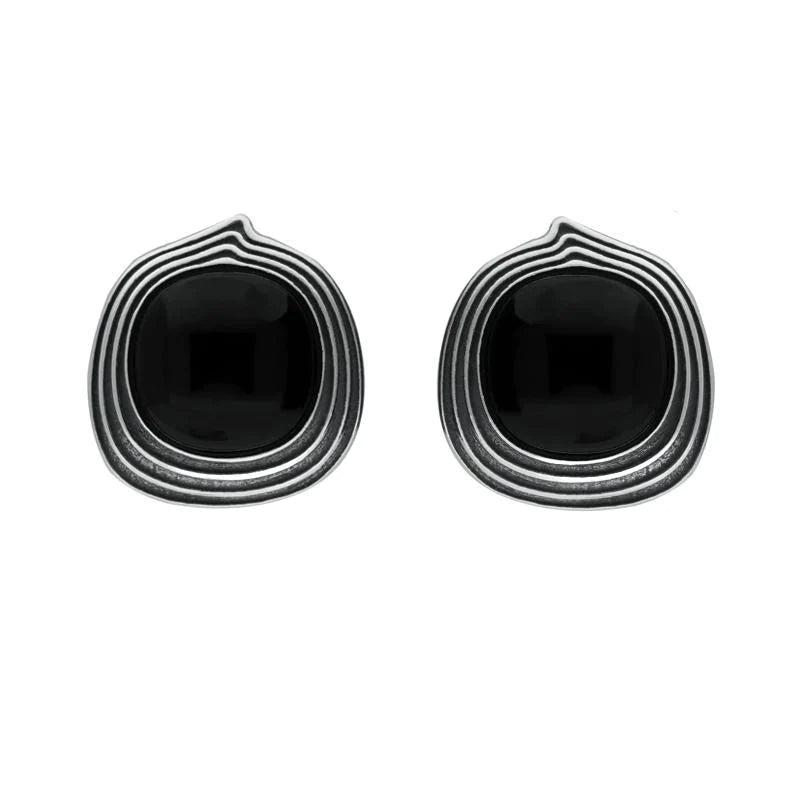 Sterling Silver Whitby Jet Cushion Stone Pattern Edge Stud Earrings